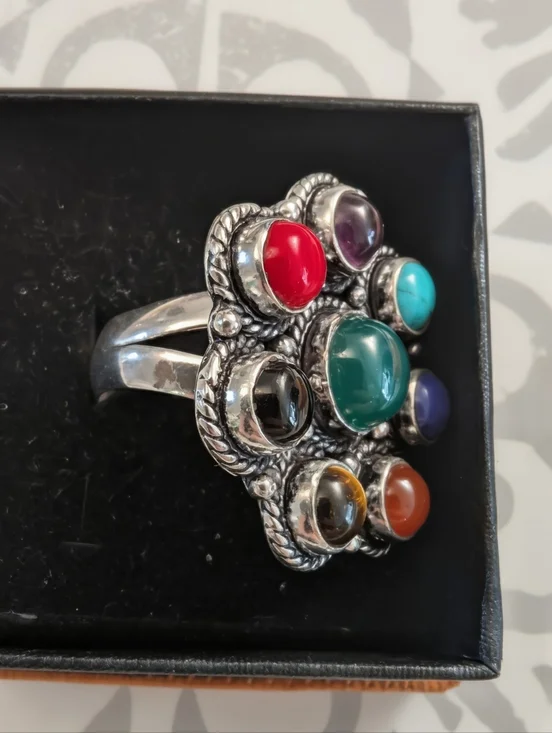 Flower Shaped Multi-Gemstone Chakra Sterling Silver Ring - Size 8 - Picture 2 of 5
